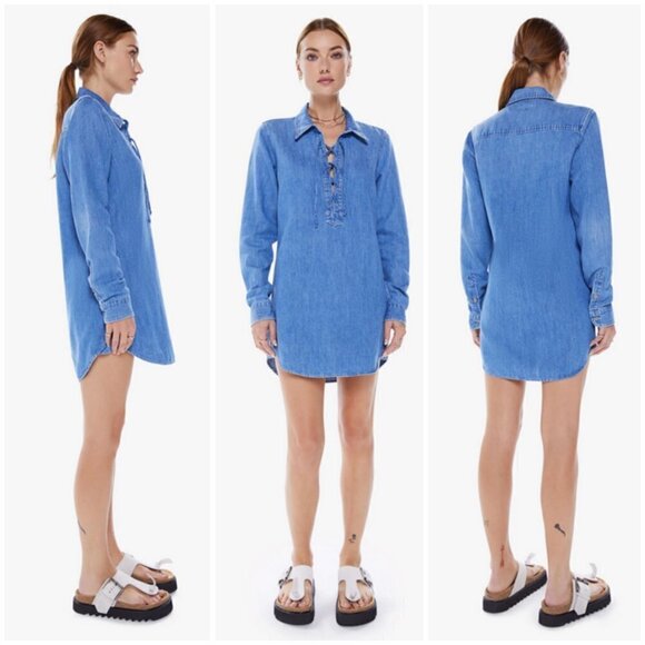 💕MOTHER💕 The Lace Up Shirt Dress ~ Salt And Lime Blue Denim Large L NWOT - Picture 3 of 16